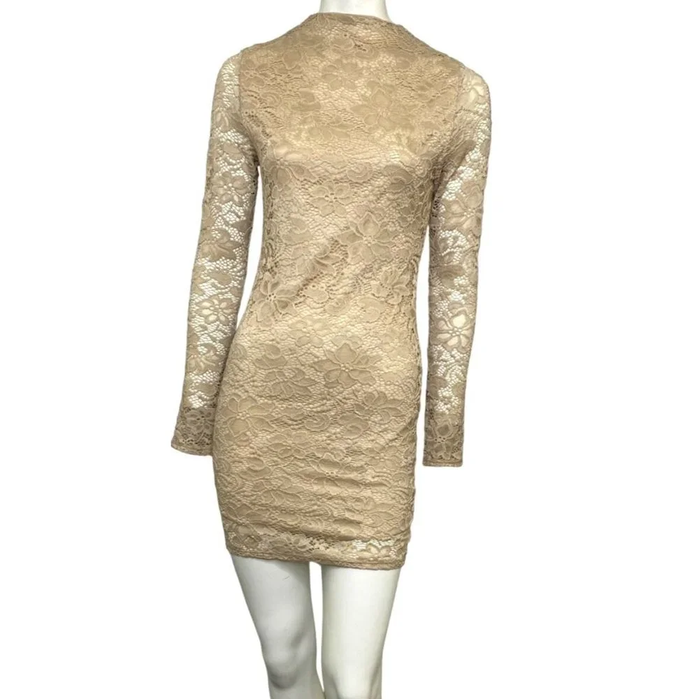WTD Lace Bodycon Long Sleeve Mini Dress Champagne Beige Size Large NWT - Picture 1 of 4